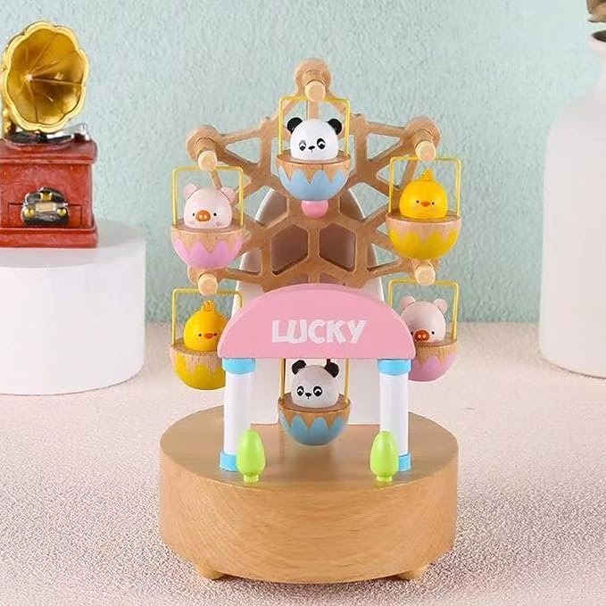 Natural Solid Wood Handcrafted Beech Wooden, Musical FigureTotoro/Carousel/Fairy/Ballerina Figurine,Rotating Hand Crank Mechanism Music Box,Musical Decorations (Colorful Skywheel)