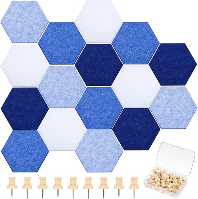 Mindsoft 16 Pcs Hexagon Cork Board for Walls with 50 Wooden Push Pins 6.7 x 5.9 in Felt DIY Tiles Notice with Nano Tape Hanging Bulletin Board for Home Photo Office Memo Note (Blue)
