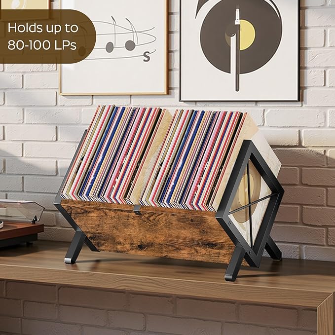 YATINEY Vinyl Record Holder, Record Storage Rack Holds 80-100 LP，Wooden and Metal Record Organizer, Quick Assembly Magazine Holder for CDs, Magazine, Albums, Rustic Brown and Black CJ06BR