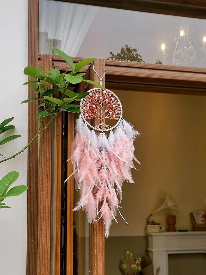 Dream Catchers, Pink Dream Catcher Tree of Life Wall Decor, with Natural Healing Crystal Stone, Perfect Rose Agate Handmade Dreamlike Dream Catcher for Girls Bedroom Decor Art Craft Gift