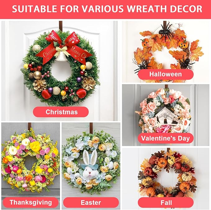 12” Wreath Hanger Over the Door Hooks, Non Scratch Wreath Door Hanger Hooks for Hanging Welcome Sign, Metal Wreath Hangers for Front Door Décor, Thin Door Hanger for Easter Halloween Home Decoration
