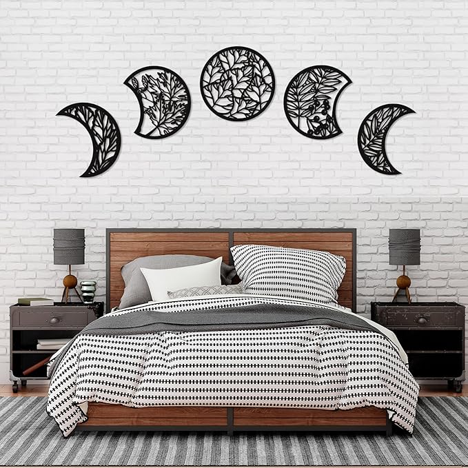 Jetec 5 Pcs Moon Phase Wall Art Decor Wall Pediments Hanging Wooden Phase Spiritual Bedroom Nordic Boho Lunar Aesthetic Art for Living Room Dorm Apartment Ornament(Dark Black,15.75 Inch,Botanical)