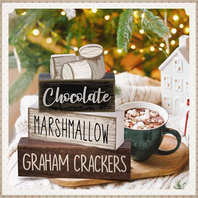 Moucuny 4 Pcs Christmas Table Decoration Wooden Marshmallow Chocolate Christmas Tiered Tray Decor Xmas Centerpiece Decorative Hot Cocoa Marshmallow Block Signs Gift Winter Decoration for Home Kitchen