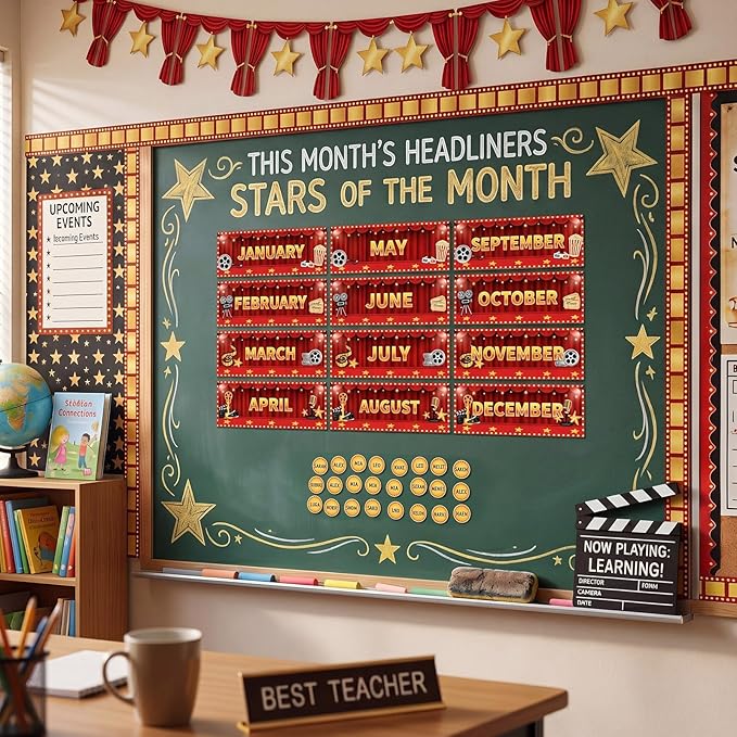 Zonon 48 Pcs Months of the Year Bulletin Board Set 12 Monthly Headliners Holiday Seasonal Monthly Bulletin Board Borders with 36 Round Blank Confetti Cutouts for Classroom(Movie Night Style)
