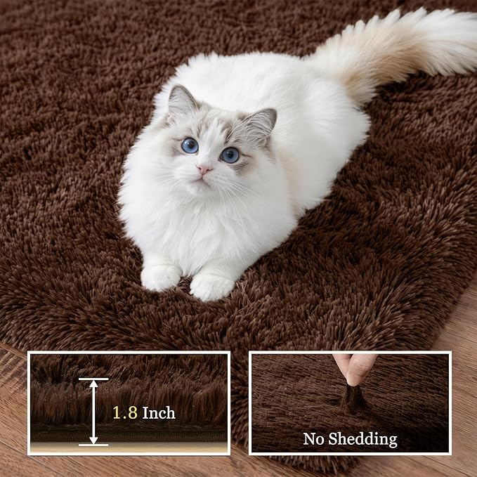 Fluffy Area Rugs 9x12 Living Room Bedroom: Ultra Soft Shag Rug Upgrade Non-Slip Non-Shedding Large Fuzzy Plush Carpet Indoor Floor Carpets for Kids Room Playroom Nursery Dorms Home Decor Brown