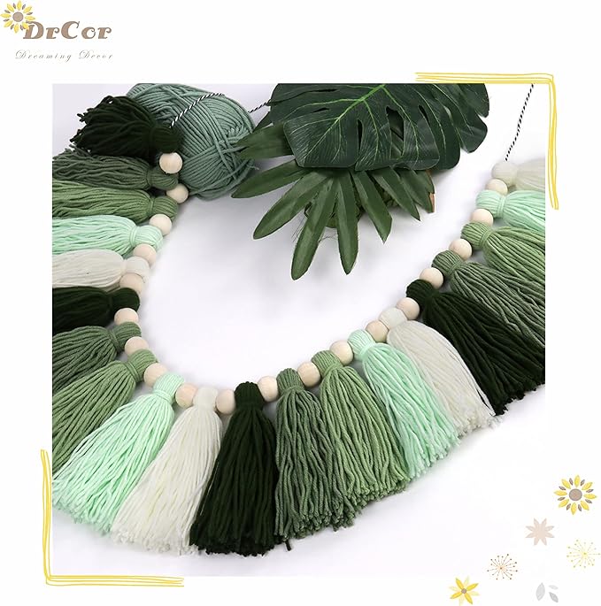 DrCor Sage Green Tassel Garland – Woodland Classroom Decor for Back to School Bulletin Board, Reading Corner, Nursery, Kids Room, Baby Shower, Dorm Room & Teacher Classroom Decorations