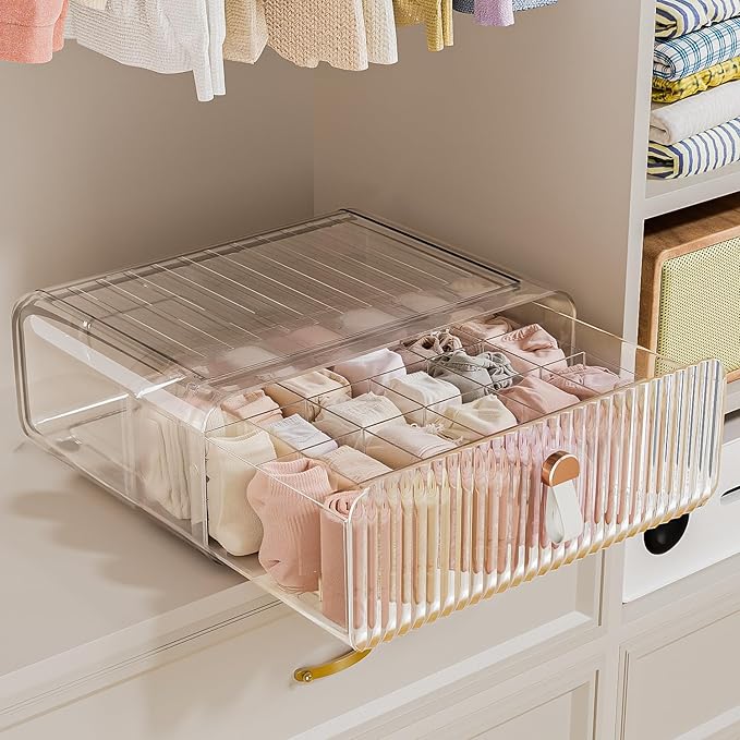 Sock Underwear Drawer Organizer - 24 Compartment Clear Acrylic Storage Bins with Removable Dividers for Closet, Stackable Dresser Drawer Box for No-Mess Socks, Tiers, Baby Clothes, Belt, Tea Bag