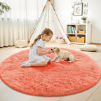 OLANLY Coral Red Round Rugs for Bedroom - Machine Washable, 6 ft Circle Area Rugs for Living Room, Soft and Fluffy Shaggy Carpet for Teen Girl and Boys, Nursery Rooms, Dorms, Home Decor Aesthetic