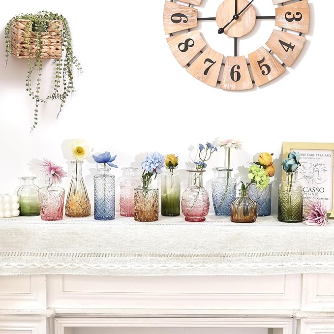 CUCUMI 12 Pack Colorful Glass Bud Vases, Small Colored Vintage Vases for Centerpieces, Decorative Flower Vases for Wedding Home Table Decor(Amber, Blue, Green, Pink)