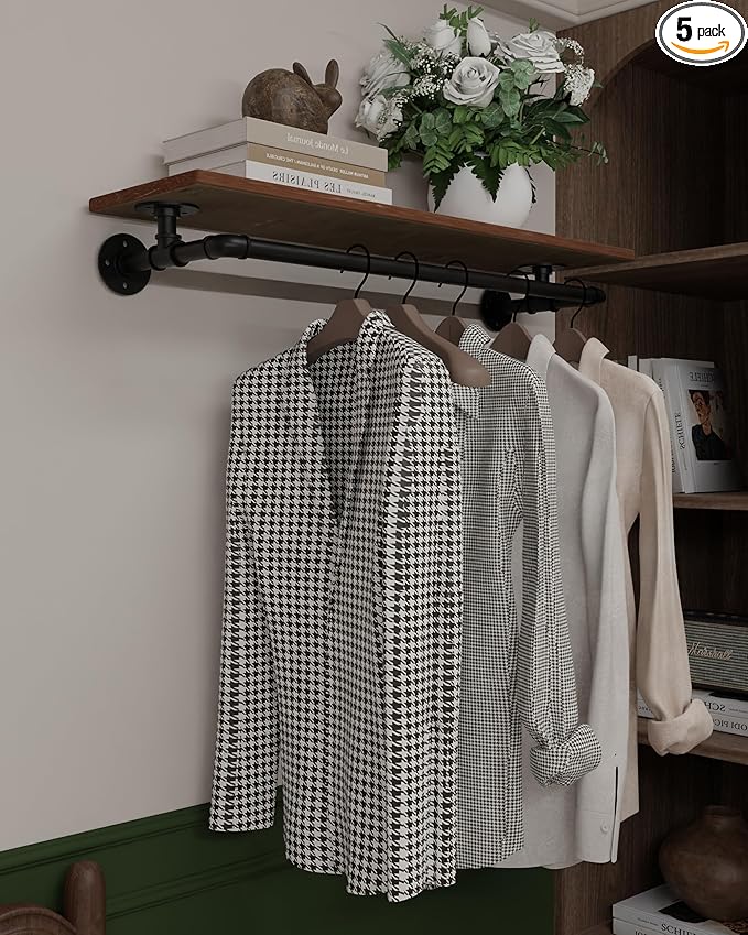 Clothes Rack 36in, Wall Mounted Garment Rack with Real Wood Shelf, Heavy Duty Hanging Clothes Rack, Multi-Purpose Hanging Rod, Space-Saving Closet Storage