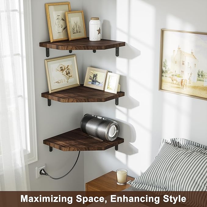 Alsonerbay Corner Shelf Wall Mount, Set of 3 Floating Corner Shelves with Cord Hole, Rustic Wood Shelves for TV, Speaker, Cable Box, Game Console for Bedroom, Kitchen, Living Room Carbonized Black