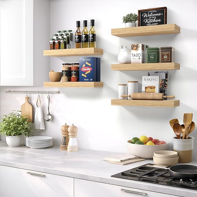 Sorbus Floating Shelves for Wall – 16 Inch Floating Shelf for Kitchen, Bedroom, Living Room, Bathroom, Home & Wall Decor - Mounted Bathroom Shelves with Invisible Brackets (Maple Wood, 4 Pack)