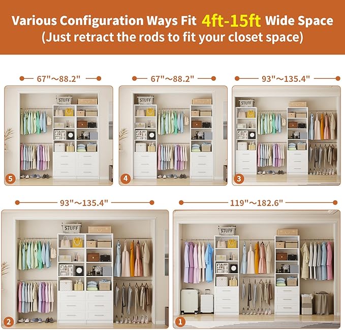 Closet System with 6 Drawers, 5-14FT Custom Closet Organizer System with 8 Expandable Hanging Rods&Adjustable Shelves, Modular Wood Closet Systems Tower for Walk in Closet Storage, 2 Sets, White