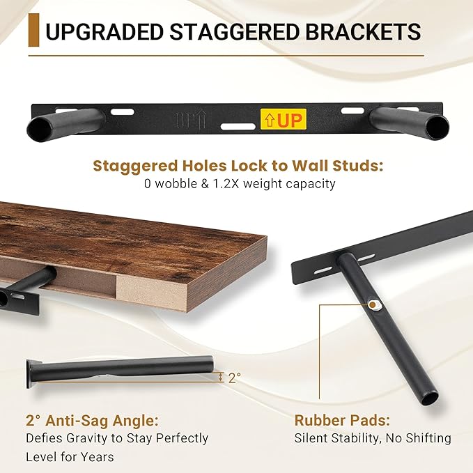 Vivelove 12 Inch Deep Floating Shelves for Wall, 16" Long Wall Shelves with Invisible Brackets, for Living Room Bedroom Bathroom, Farmhouse Rustic Shelves Home Decor, Set of 2, Rustic Brown