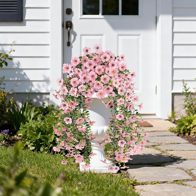 Artificial Hanging Flowers for Outdoors, UV Resistant 2PCS Fake Silk Flowers for Outside, Realistic Faux Plants for Hanging Baskets, Planters - Porch, Patio, Yard Décor (Pink)