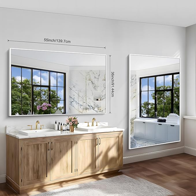 BONEWEI White Bathroom Mirror,55x36 inch Wall Mirror for Bathroom Wall Mounted,Large Rectangle Mirror for Bathroom Over Sink,Modern Metal Frame for Living Room,Bedroom Entryway,Horizontal/Vertical