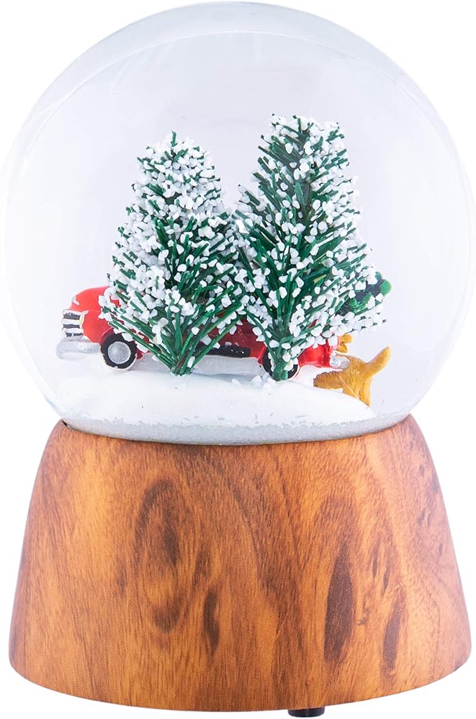 Red Truck With Dogs Cherry Woodgrain 6 x 4 Resin and Metal Holiday Musical Snow Globe