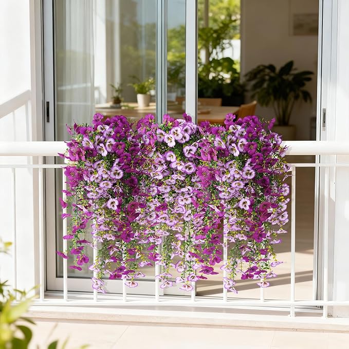 Fake Artificial Flowers for Outdoors, 4 Pcs Faux Hanging Pansy Flowers Spring Summer Decor, UV Resistant Fake Plants Silk Flower for Planter Front Door Porch Patio Yard Garden(Gradient Purple Red)