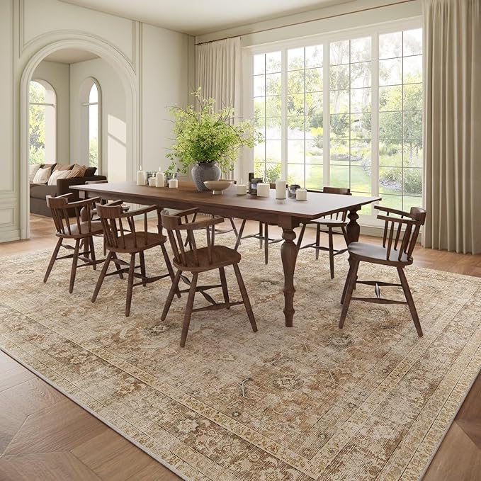 Washable 9x12 Area Rugs for Living Room, Boho Non-Slip Vintage Distress Lager Rugs for Bedroom Dining Room Nursery Office, 0.3" Neutral Oriental Throw Thin Carpet, Brown/White/Multi