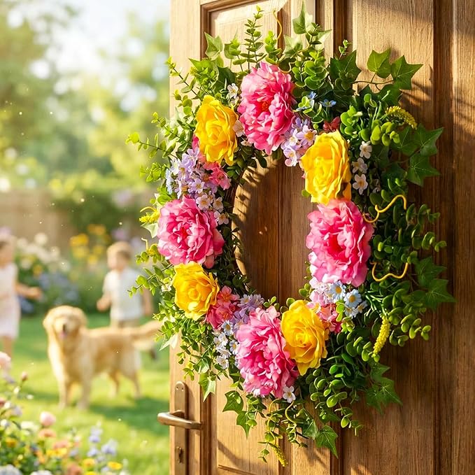 Livole 24 Inch Summer Spring Wreaths for Front Door Large Summer Door Wreath with Peony Rose Daisy for Indoor Outdoor Home Wall Farmhouse Patio Porch Window Decor