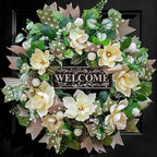 Spring Summer Wreaths for Front Door Outside 26 Inch, Magnolia Summer Wreath with Ribbons and Welcome Sign, Farmhouse Outdoor Spring & Summer Door Wreath for Front Door, Neutral Floral Decor