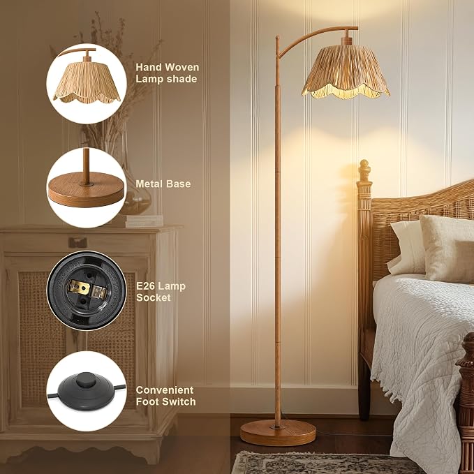 Oneach Rattan Floor Lamp for Bedroom, Boho Floor Lamp with Foot Switch, Farmhouse Standing Lamps for Living Room with Hand-Woven Shade, Walnut Metal Base & Pole