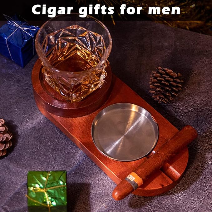Father Day Gifts Cigar Ashtray Coaster Whiskey Glass Tray and Cigar Holder, Wooden Ash Tray, Slot to Hold Cigar, Cigar Rest Cigar Accessory Set Gift for Men Dad, Great Decor for Home (Classic)