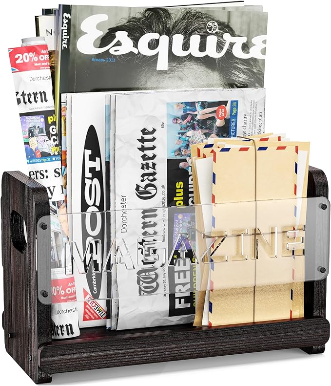 Rustic Wood Magazine Holder, Decorative Magazine Rack Floor, File Folder Organizer for Desk, Book Display Stand for Letters, Mails, Magazines, Books, Newspapers (Black)