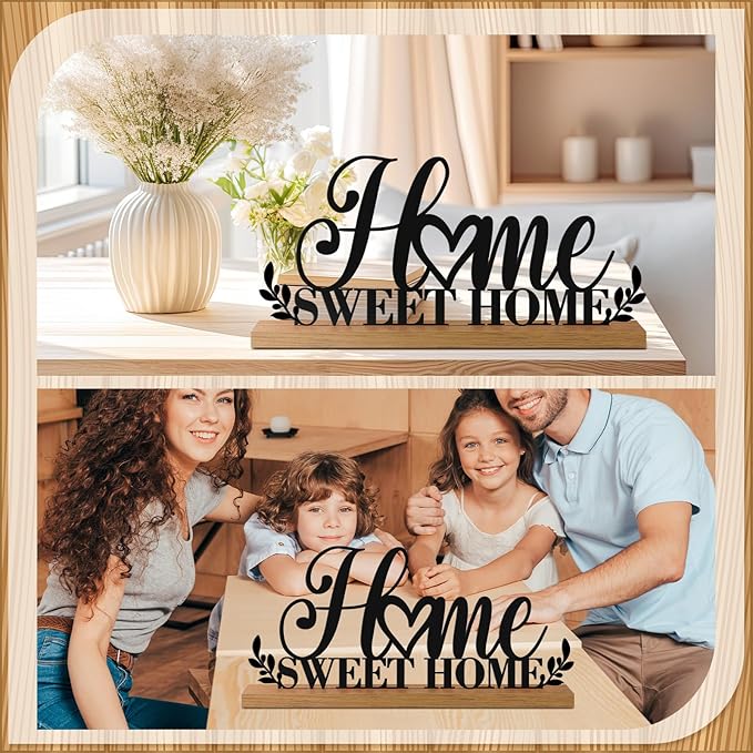 Teenyyou Home Sweet Home Sign House Table Decor Bless Centerpiece Black Metal Word Sign with Wooden Base for Sweet Family Tabletop Desk Decoration Housewarming Gift