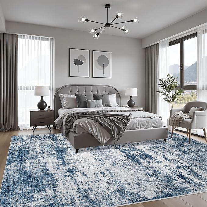 5x5 Area Rug Living Room Rug: Washable Modern Abstract Soft Thin Rug Indoor Floor No Slip Stain Resistant Carpet for Bedroom Dining Room Farmhouse Nursery Home Office - Blue