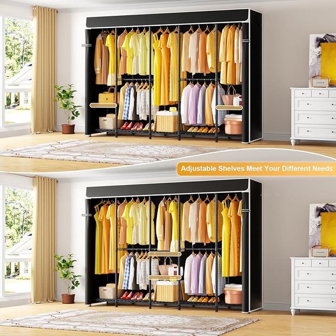 H50C Extra Large Clothes Rack with Cover, Freestanding Portable Closet, Covered Clothing Racks for Hanging Clothes, Heavy Duty Garment Rack, Wardrobe Closet with Black Cover Max Load 1350 Lbs