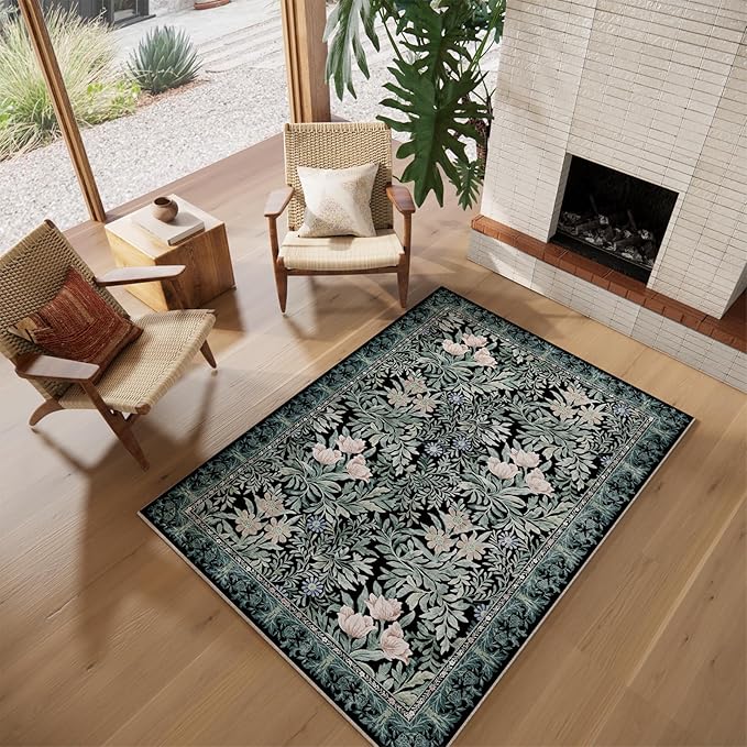 Washable Area Rugs 4x6 Black Green Vintage Floral Botanical Pattern,Perfect for Living Room, Bedroom, Kids Room, Nursery - Stain & Water Resistant Non-Slip, Pet & Child Friendly/Bedroom Decor
