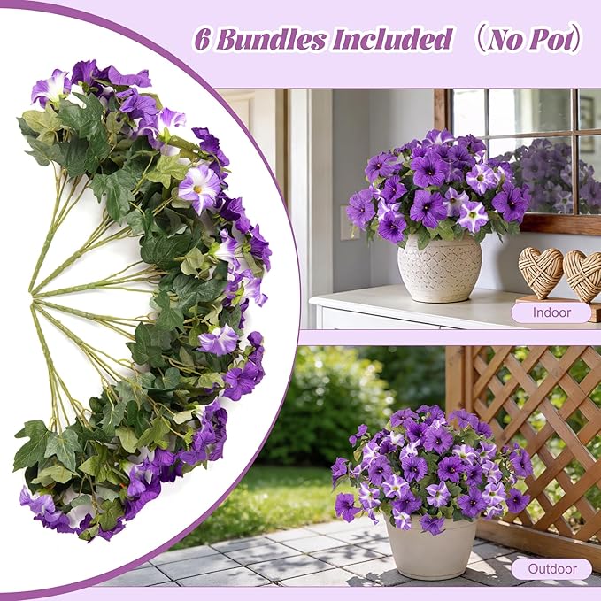 6 Pcs Artificial Flowers Fake Petunias for Outdoors, Faux Flowers for Outdoor Planter, UV Resistant Realistic Fake Plants for Outside No Fade for Garden Porch Patio Indoor Room Decor(Purple)