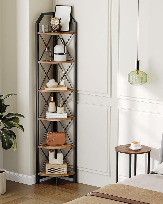 CHOEZON 6-Tier Corner Shelf, Industrial Corner Bookshelf, 71.2" Corner Storage Stand, Plant Stand Display Shelf, Corner Bookcase for Bedroom, Living Room, Home Office, Rustic Brown and Black TCJ11BF