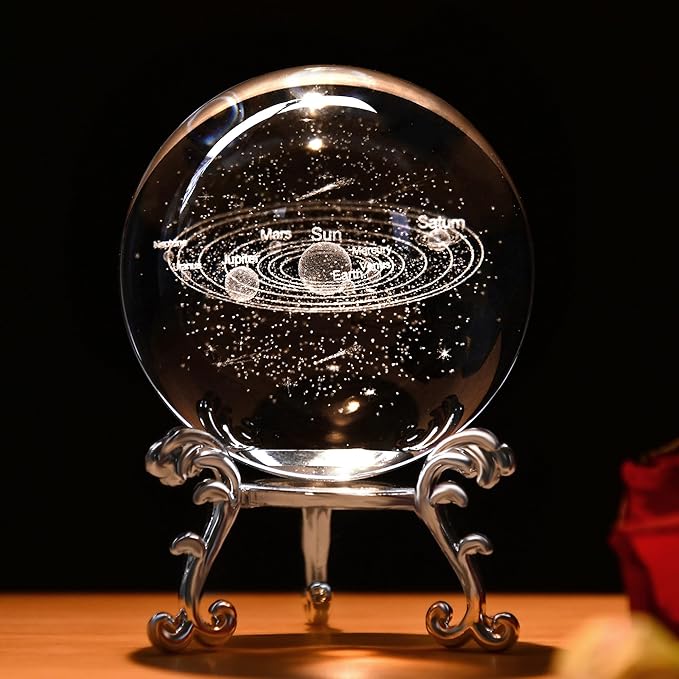 IFOLAINA 3D Solar System Crystal Ball 60mm Laser Engraved Glass Sphere Home Decor with Stand Solar System Planet Model Decor Space Universe Gifts for Astronomy Lovers