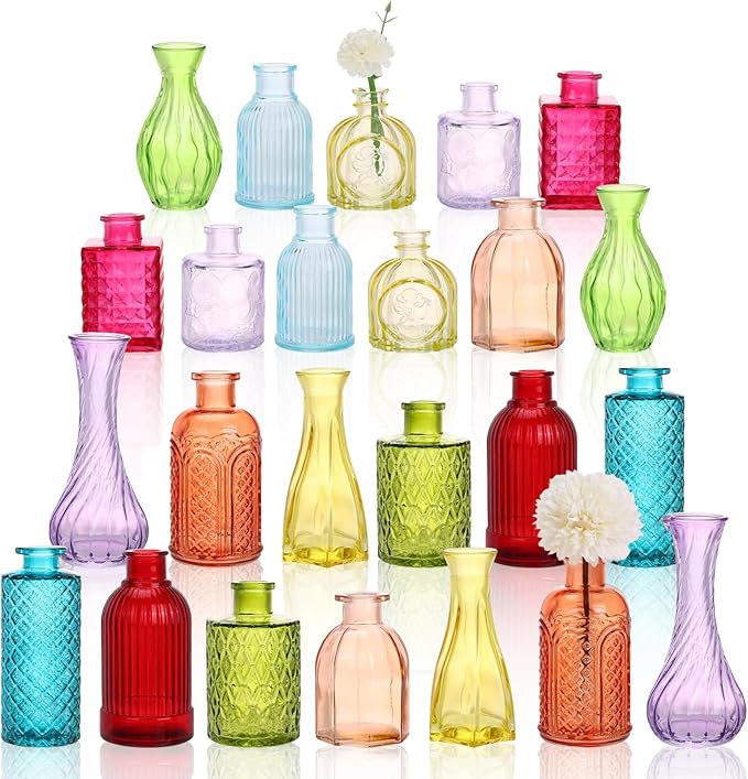 24 Pack Colorful Glass Bud Vase Set, Small Colored Vintage Vases for Centerpieces, Decorative Flower Vases for Wedding Home Table Decor