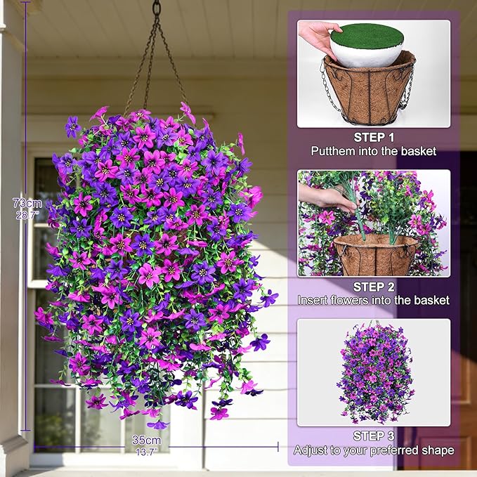 INQCMY Artificial Hanging Flowers Decoration, 4pcs Fake Floral Basket Plants for Outdoor Porch, Faux Shrubs Home Spring Decor UV Resistant Potted Violets for Outside Garden No Fade