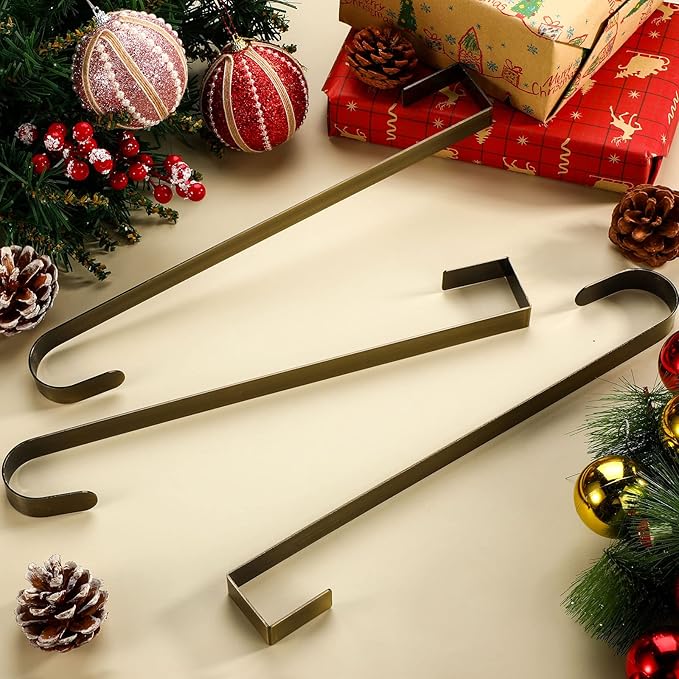 Zhehao 3 Pieces Christmas Decor Metal Wreath Hangers Over The Door Light Handy Wreath Hanger Hanging Hook (10 Inch, Antique Bronze Color)
