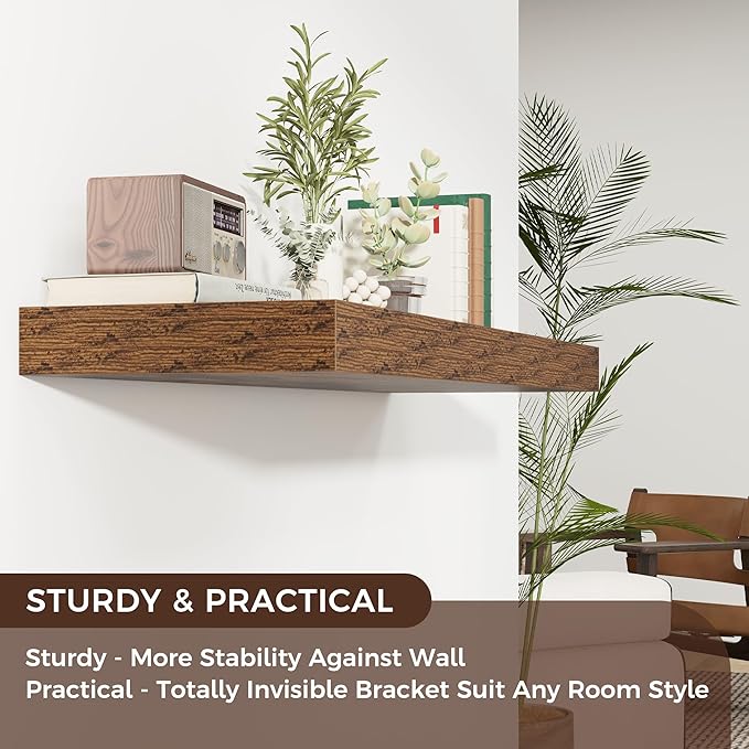 Venusmiles Floating Shelves for Wall, 40" W x 12" D x 2" H, 1 Pack of Long Wall Mounted Engineered Wood Shelves with Invisible Brackets for Living Room, Bedroom, Bathroom, Kitchen Decor, Brown