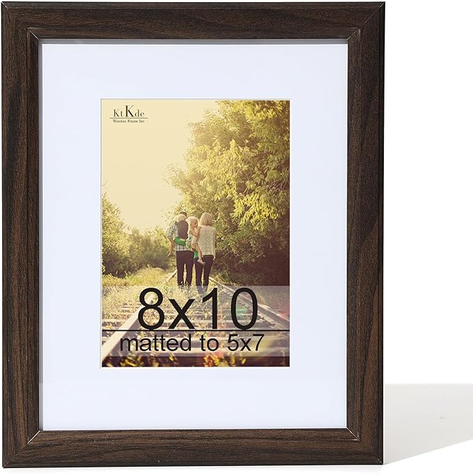 KTKDE 8x10 Picture Frame Real Glass, Display Pictures 5x7 with Mat or 8x10 Without Mat, Modern Style Wood Composite Frame, Gallery Wall Walnut Frame & Table Top Display，best gift