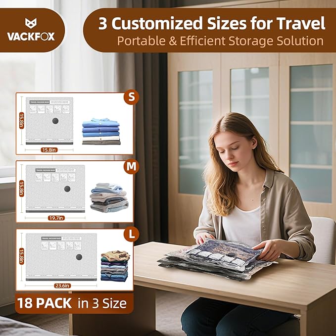 18 Pack Travel Vacuum Bags for Clothing,Compression Seal Packing Cubes for Suitcase Backpack,Vacuum Seal Bags for Clothing,Carry-on Size Space Saver Storage Bags 80% for Travel & Home（No pump）