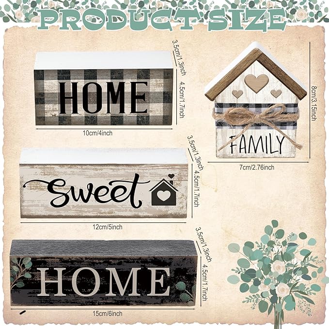 Moucuny 4 Pcs Farmhouse Wooden Tabletop Decor Sweet Home Tiered Tray Decor Rustic Retro Wood House Shaped Block Sign Housewarming Gifts Neutral Centerpiece Farmhouse Table Sign for Home Shelf Mantle