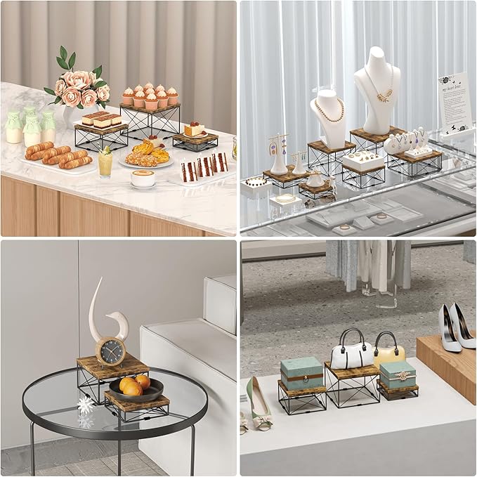 ELITEROO Buffet Risers and Stands, Square Display Risers for Catering Supplies, Wooden Food Display Stand for Buffet Table, 3 Tier Dessert Stands for Cake, Cupcake, Party Treat, Rustic Brown, 6"x7"x8"