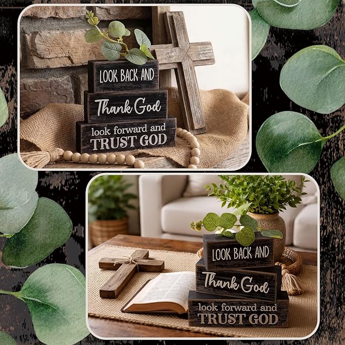 Lineshading 4 Pcs Christian Table Decor Inspirational Gifts for Women Look Back and Thank God Look Forward and Trust God Wooden Block Signs Farmhouse Christian Centerpiece for Mother's Day Home Office