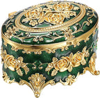Hipiwe Vintage Jewelry Box Oval Trinket Display Case with Rose Pattern Decorative Green Treasure Box Ring Holder for Women