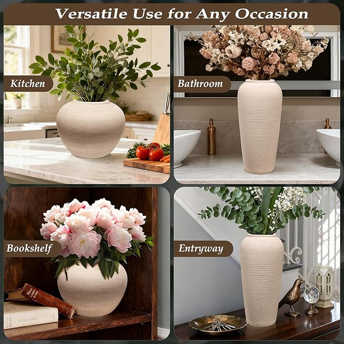 Ceramic Flower Vase Round Textured Vase,Farmhouse Vase Terracotta Rustic Vases for Home Decor for Living Room,Dining Table Decor,Shelf Decor,Centerpiece