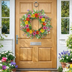 22 Inch Artificial Spring Summer Wreaths for Front Door Daisy Flower Wreath with Wildflowers,Eucalyptus Leaves,Ferns for Indoor Outdoor Wall Porch Festival Farmhouse Home Holiday Decor.