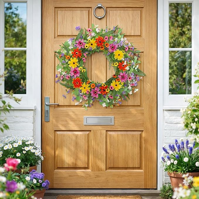 22 Inch Artificial Spring Summer Wreaths for Front Door Daisy Flower Wreath with Wildflowers,Eucalyptus Leaves,Ferns for Indoor Outdoor Wall Porch Festival Farmhouse Home Holiday Decor.