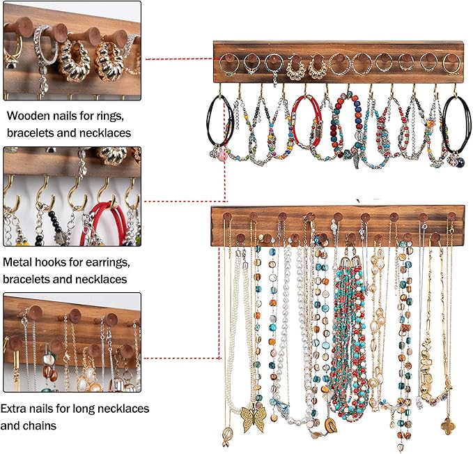 QILICHZ 3Pcs Jewelry Organizers and Storage,Wood Earring Organizer,Hanging Jewelry Organizer,Rustic Wall Jewellery Organizer,Wall Mounted Earring Holder for Storage Display Gift (Brown+Black)