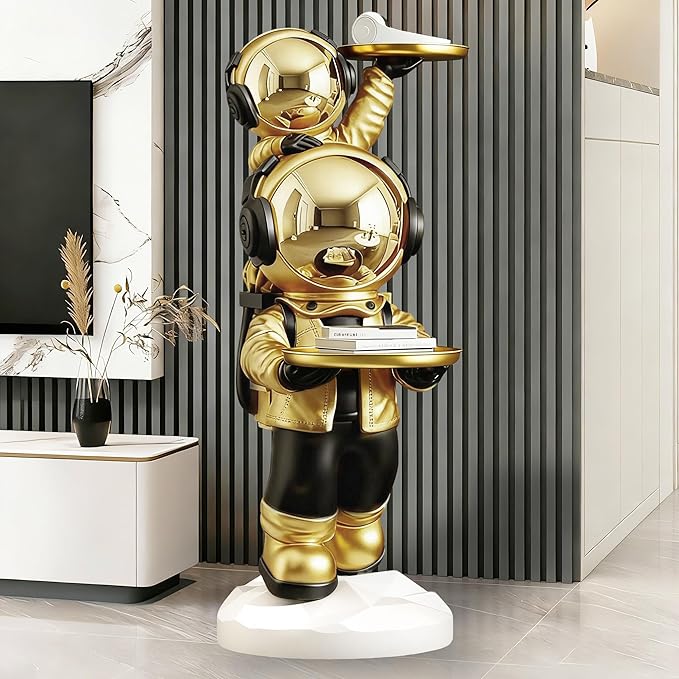 Large Astronaut Statue, Astronaut Sculpture, Astronaut Decoration, Cool Metal mask Decor, Floor Sculpture, Suitable for Living Room, Bedroom, Stores, etc., Tray can be Used for Storage